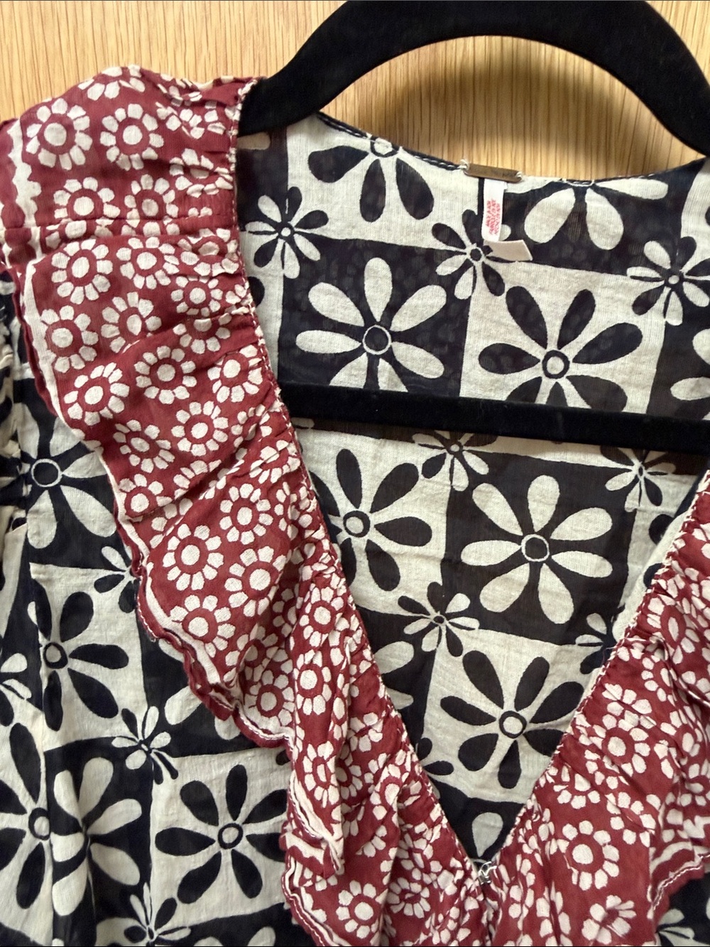 Free People Black & White Floral Ruffle-Trim Blouse with Burgundy Accents - Picture 10 of 10